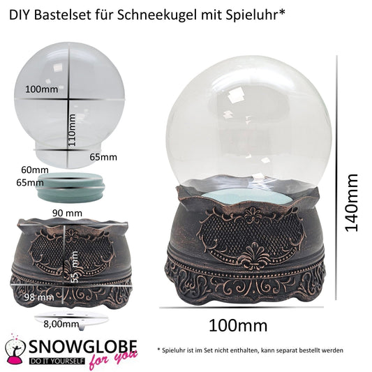 100mm Bastelset Sockel kupfer antik mit DIY - Schneekugel für Spieluhr - 1x Schnee - Schneekugelhaus