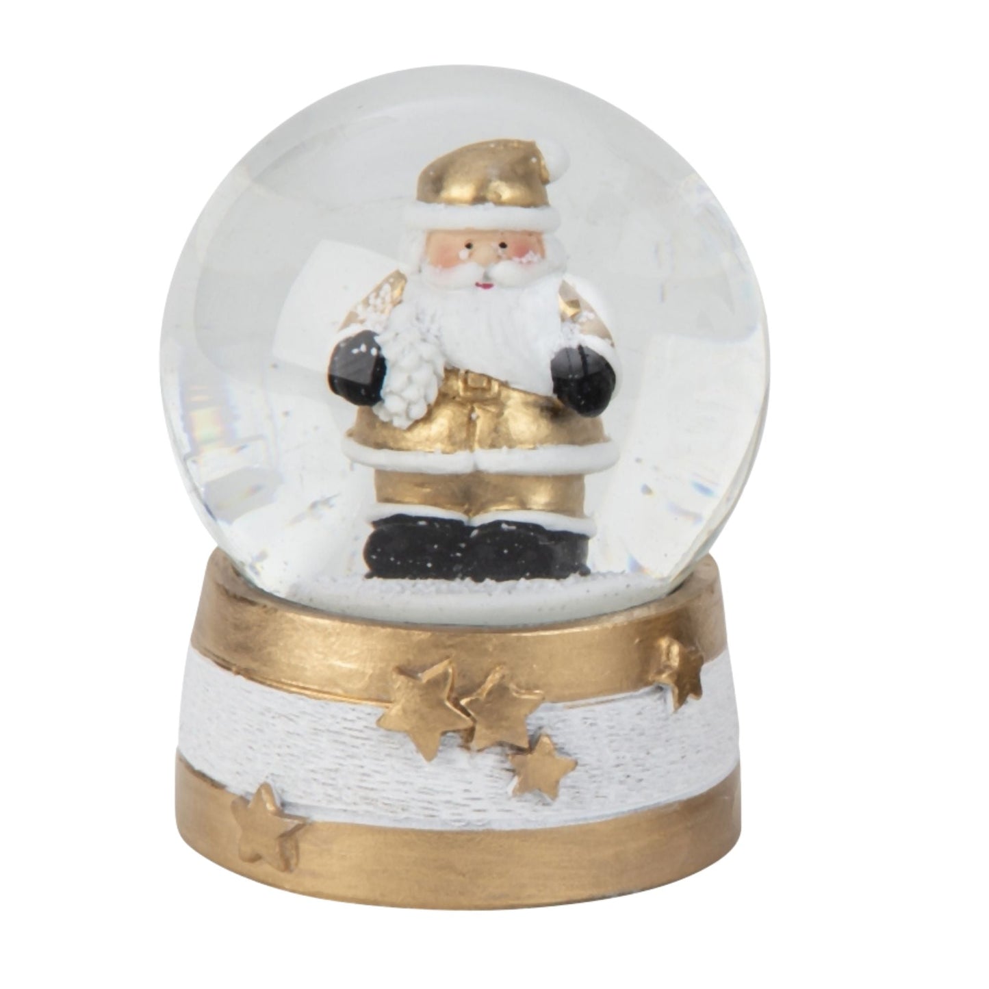 2 moderne Schneekugeln Weihnachtsmann schwarz weiß gold mit Sockel Sterne B: 65mm - Schneekugelhaus