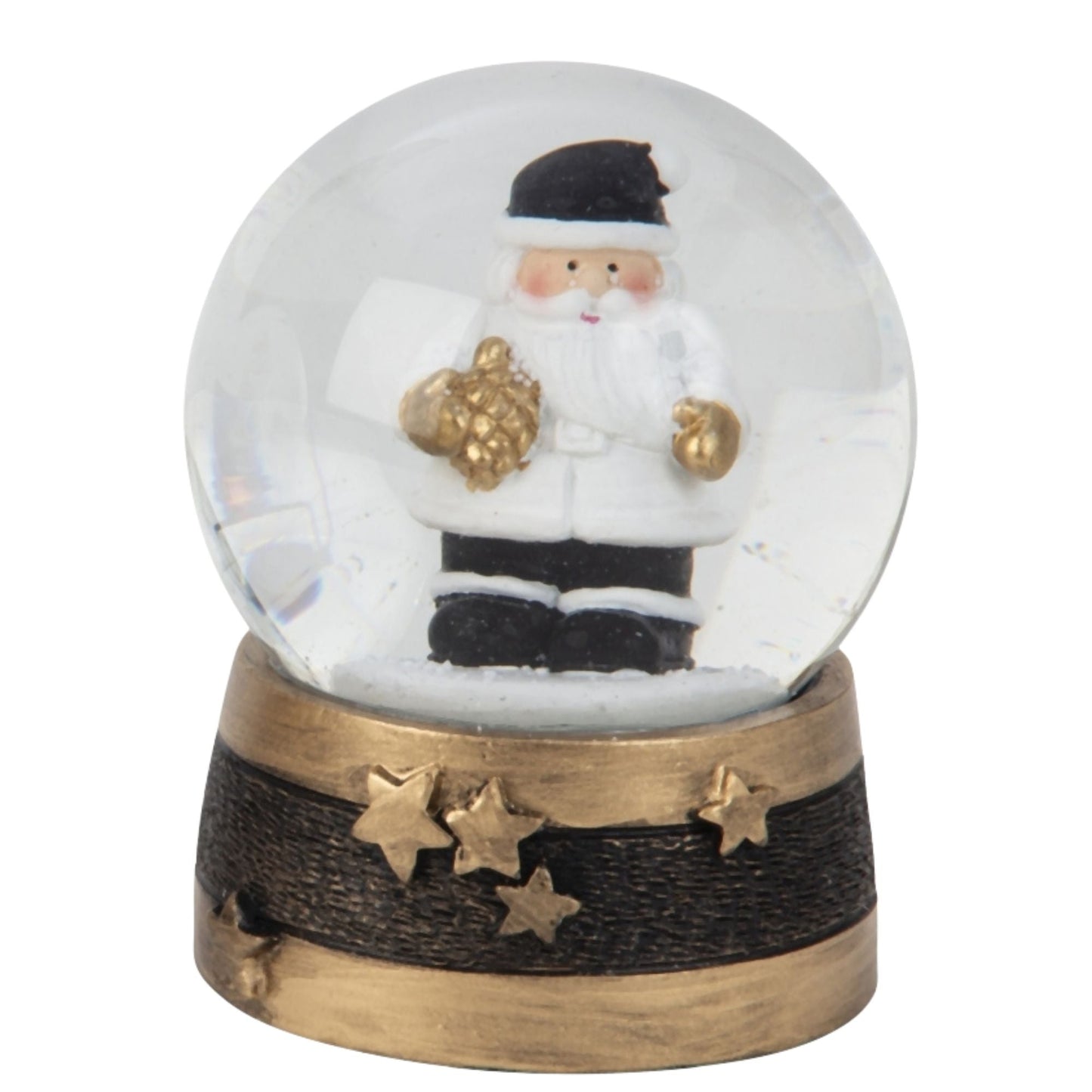 2 moderne Schneekugeln Weihnachtsmann schwarz weiß gold mit Sockel Sterne B: 65mm - Schneekugelhaus