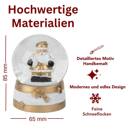 2 moderne Schneekugeln Weihnachtsmann schwarz weiß gold mit Sockel Sterne B: 65mm - Schneekugelhaus