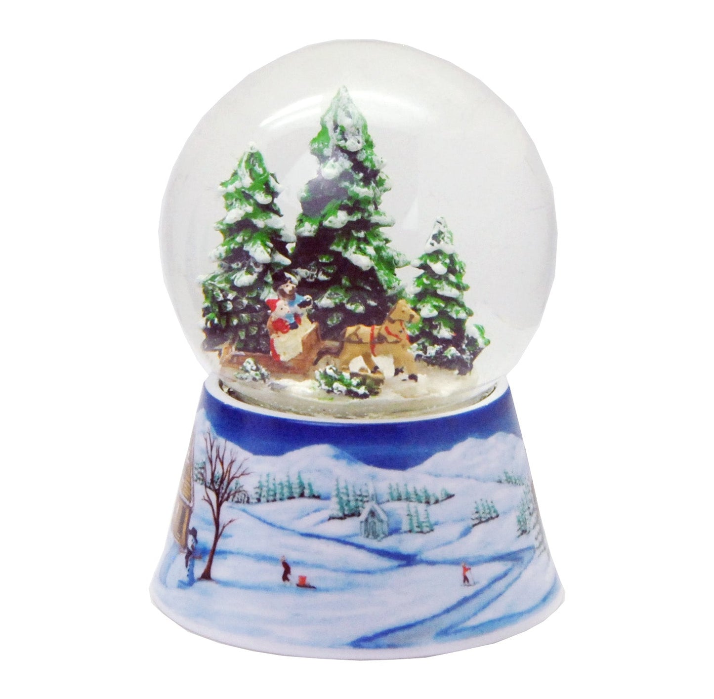 Schneekugel Kutschfahrt auf Sockel Winterlandschaft mittelblau mit Spieluhr 10 cm Durchmesser