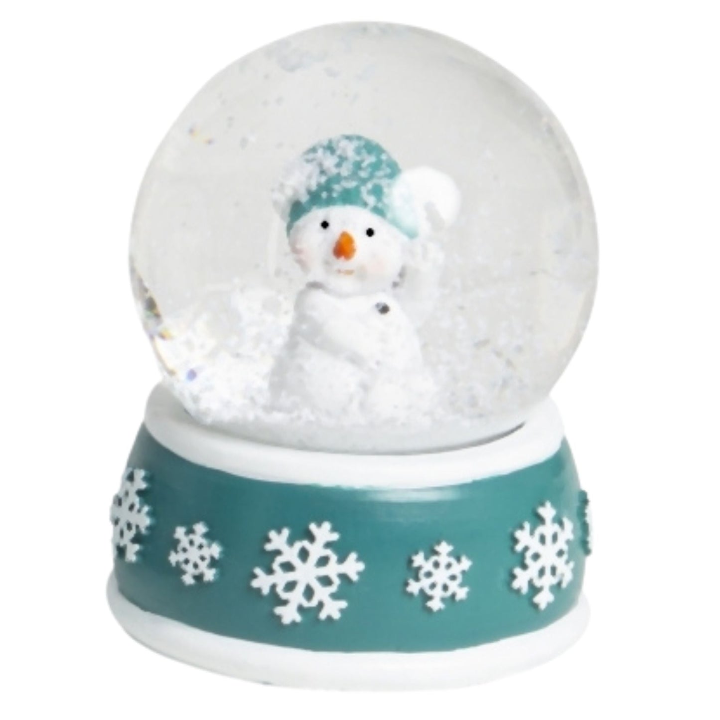 4 Schneekugeln Schneemann mit Sockel türkis weiß Schneeflocke B: 65mm - Schneekugelhaus