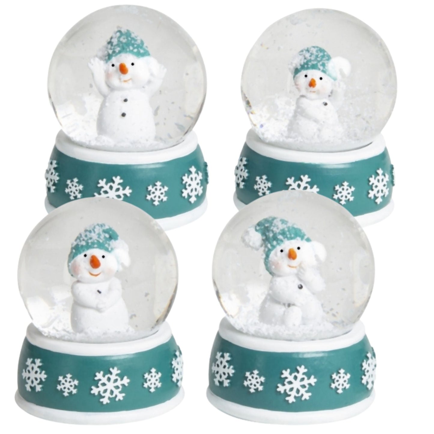 4 Schneekugeln Schneemann mit Sockel türkis weiß Schneeflocke B: 65mm - Schneekugelhaus