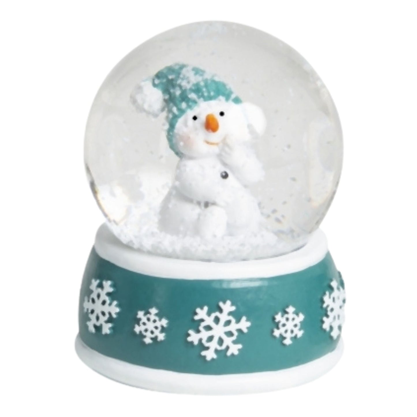 4 Schneekugeln Schneemann mit Sockel türkis weiß Schneeflocke B: 65mm - Schneekugelhaus