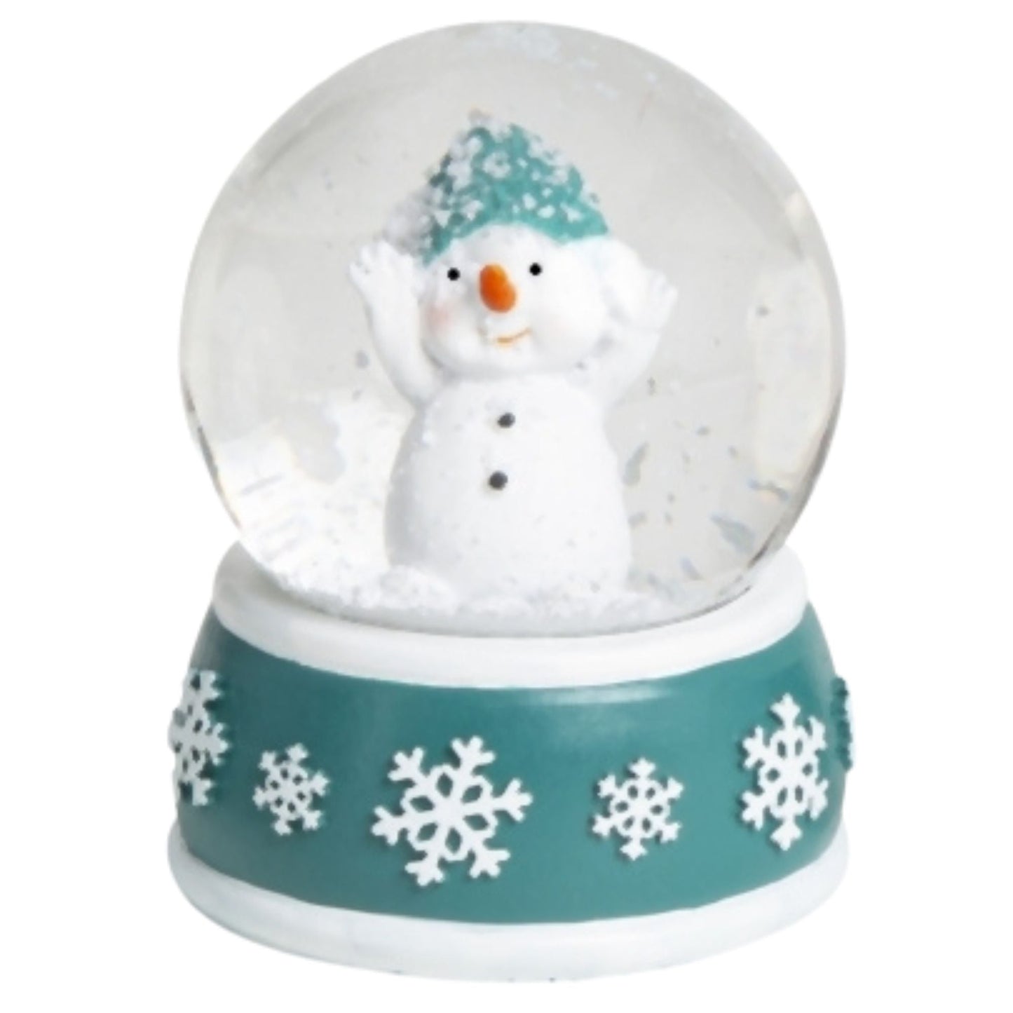 4 Schneekugeln Schneemann mit Sockel türkis weiß Schneeflocke B: 65mm - Schneekugelhaus