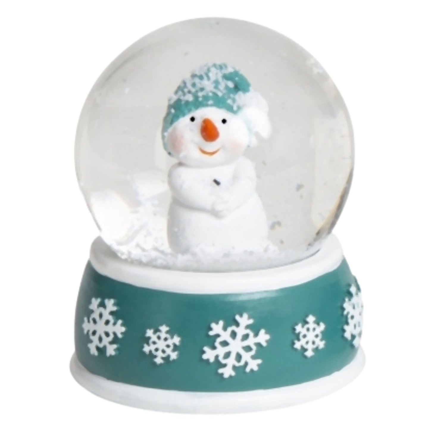4 Schneekugeln Schneemann mit Sockel türkis weiß Schneeflocke B: 65mm - Schneekugelhaus