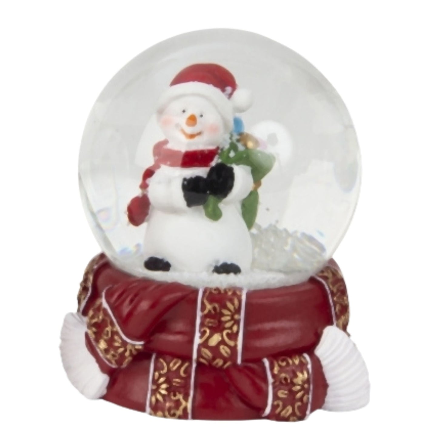 4 Schneekugeln Schneemann Weihnachtsmann mit Sockel rot gold Winterschal B: 65mm - Schneekugelhaus