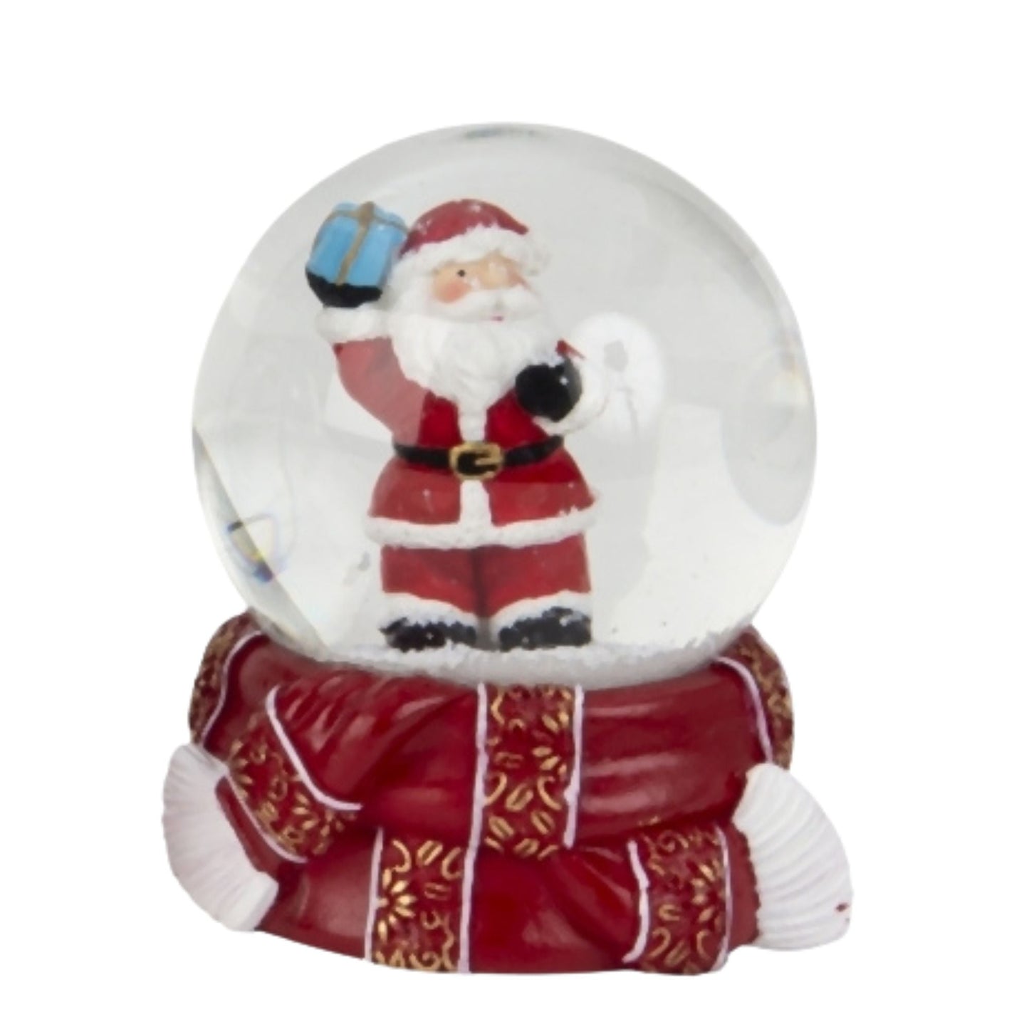 4 Schneekugeln Schneemann Weihnachtsmann mit Sockel rot gold Winterschal B: 65mm - Schneekugelhaus