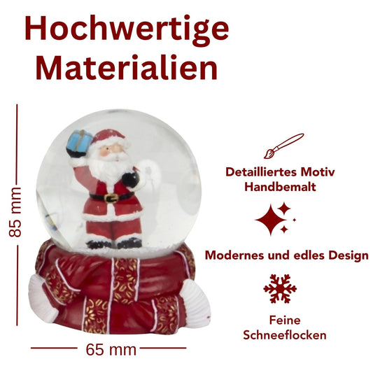 4 Schneekugeln Schneemann Weihnachtsmann mit Sockel rot gold Winterschal B: 65mm - Schneekugelhaus