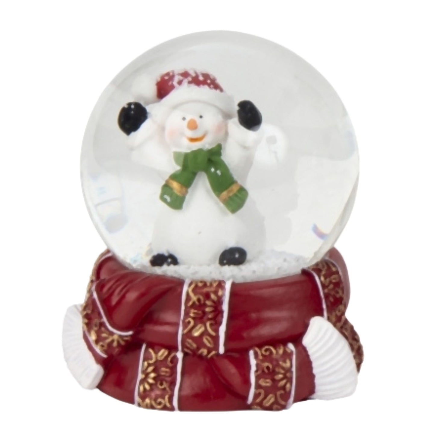 4 Schneekugeln Schneemann Weihnachtsmann mit Sockel rot gold Winterschal B: 65mm - Schneekugelhaus