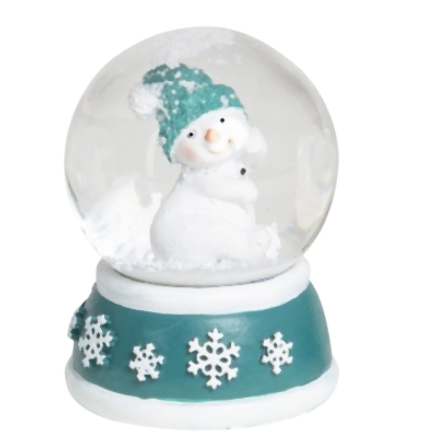 4 süße Mini - Schneekugeln Schneemann mit Sockel türkis weiß Schneeflocke B: 45mm - Schneekugelhaus