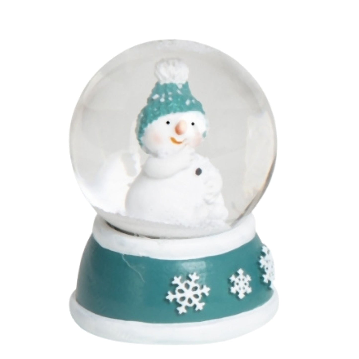 4 süße Mini - Schneekugeln Schneemann mit Sockel türkis weiß Schneeflocke B: 45mm - Schneekugelhaus