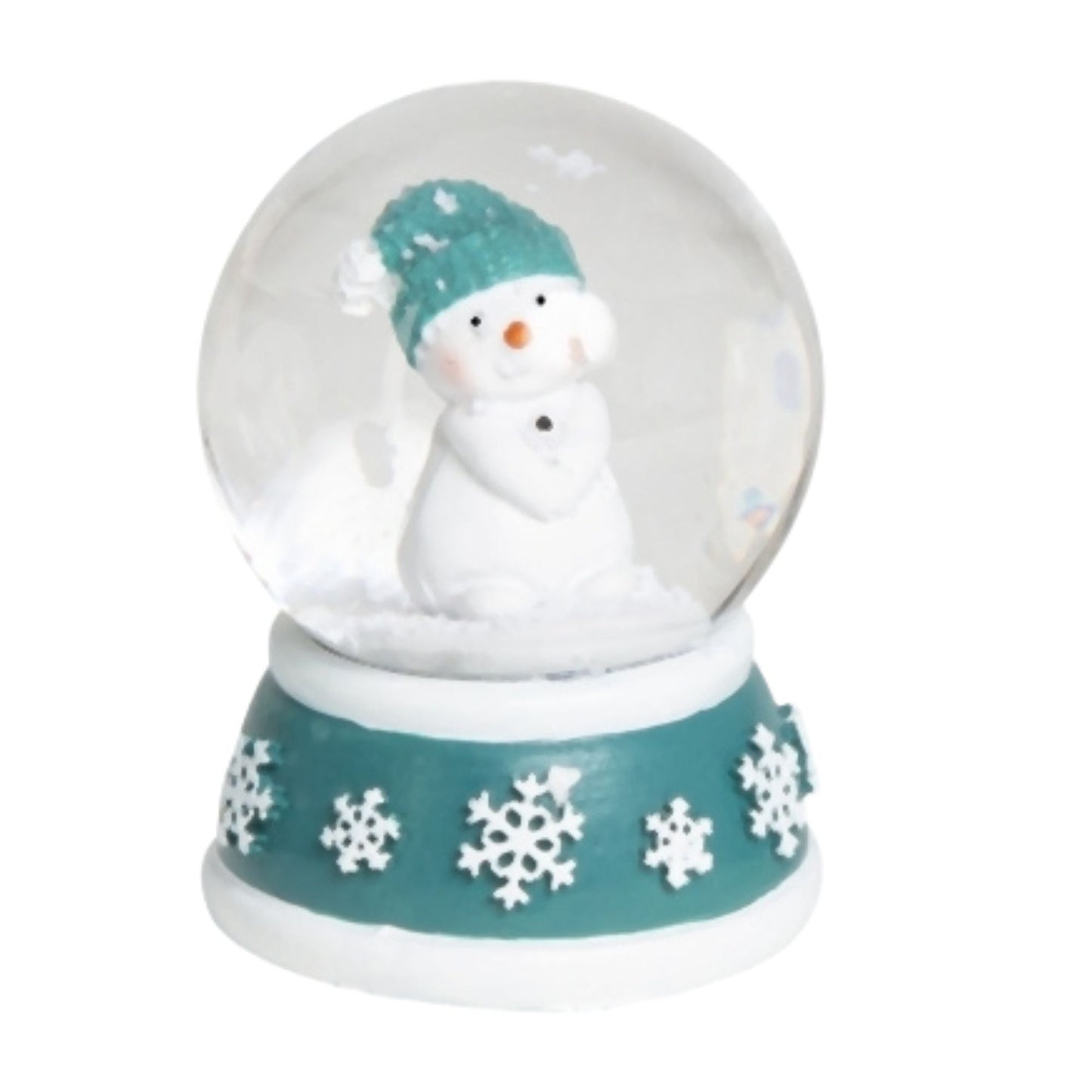4 süße Mini - Schneekugeln Schneemann mit Sockel türkis weiß Schneeflocke B: 45mm - Schneekugelhaus