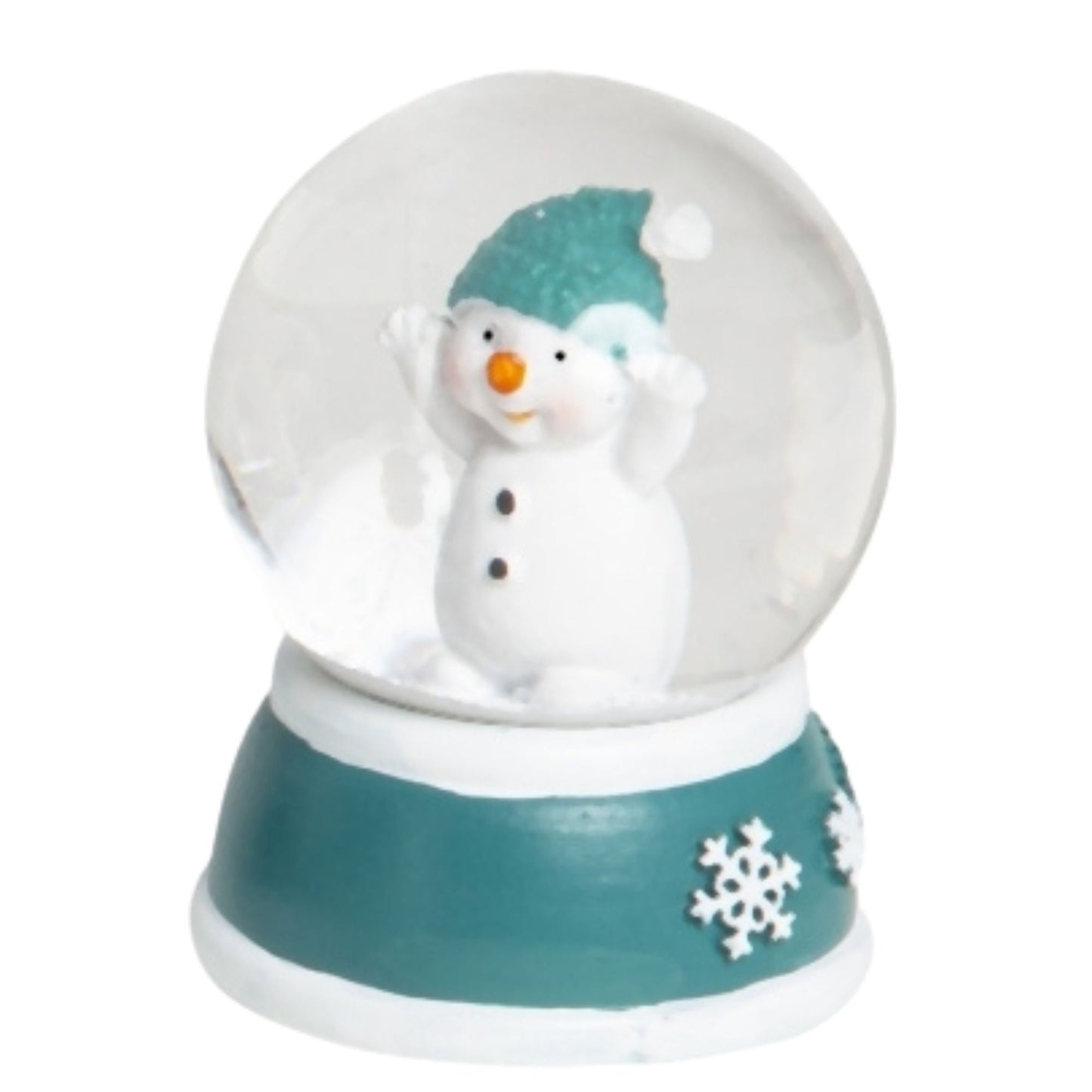4 süße Mini - Schneekugeln Schneemann mit Sockel türkis weiß Schneeflocke B: 45mm - Schneekugelhaus