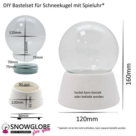 120mm DIY-Schneekugelset weiß - Set aus Bastelglas und Sockel weiß