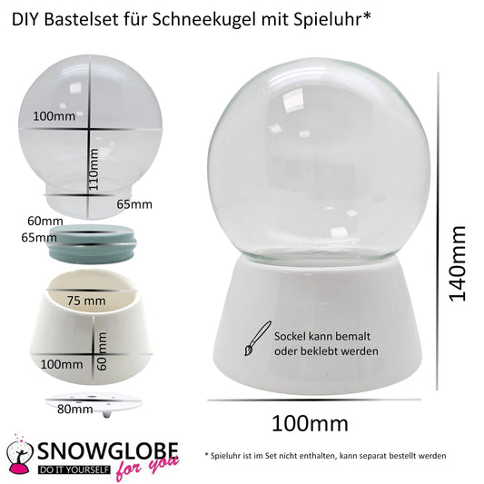 100mm DIY Schneekugel Bastelset weiß - Set aus Bastelglas und Sockel weiß