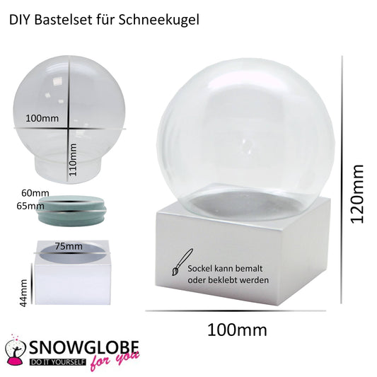 100mm Bastelset Polyresin Sockel silber eckig mit DIY-Schneekugel