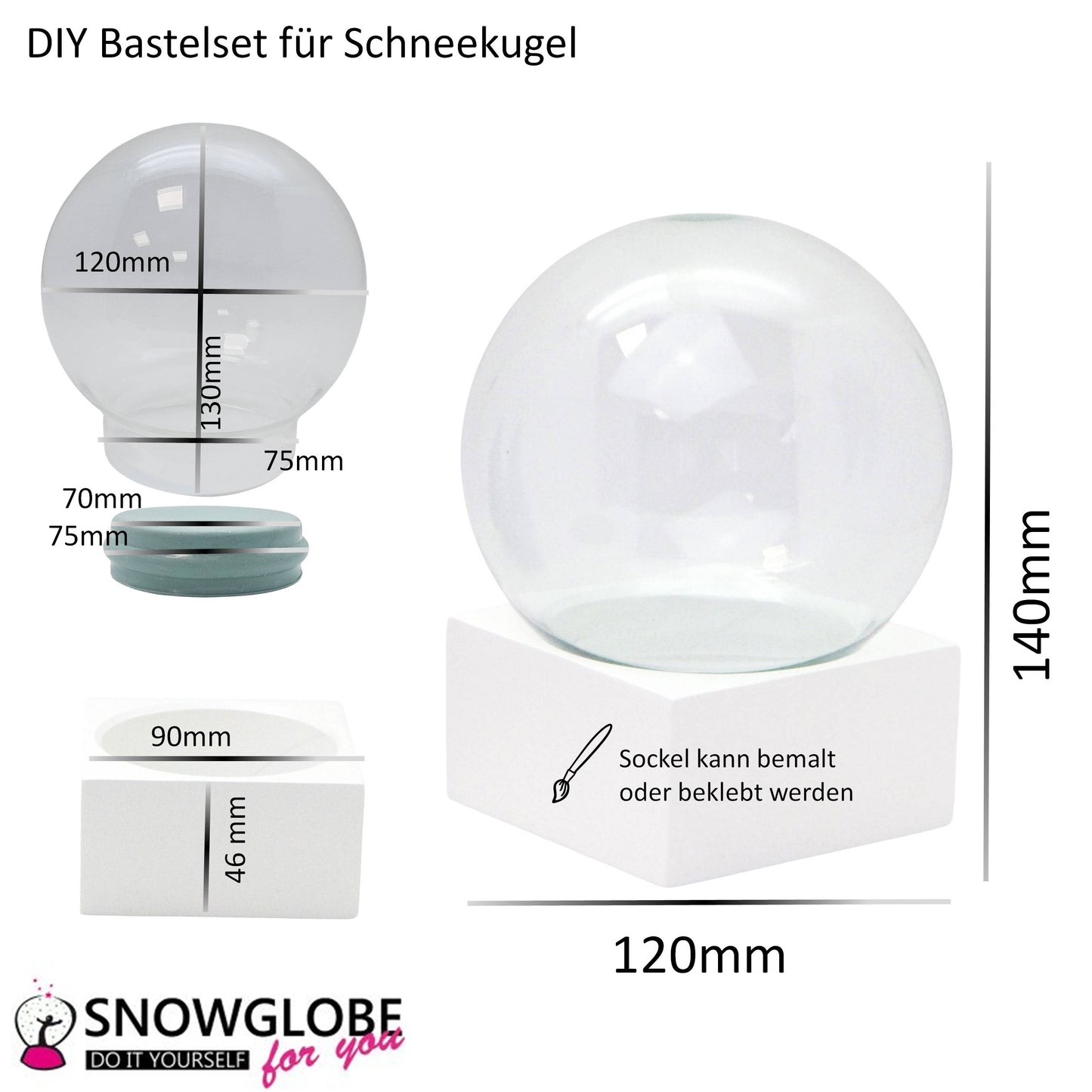 120mm Bastelset Polyresin Sockel weiß eckig mit DIY-Schneekugel