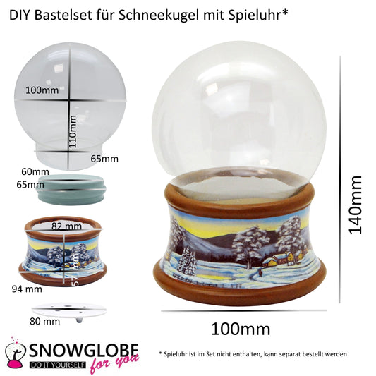 100mm Bastelset - Sockel Winterlandschaft brauner Rand mit DIY-Schneekugel für Spieluhr