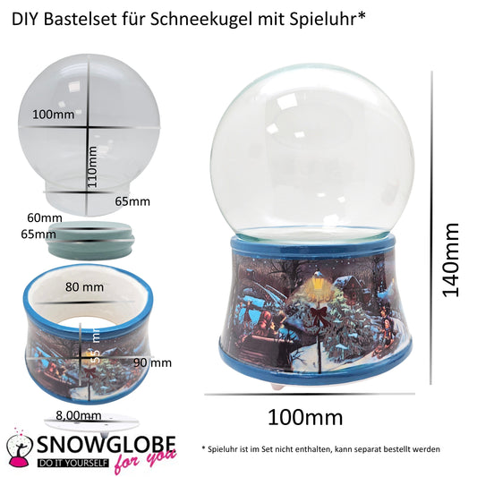 100mm Bastelset - Sockel Winterlandschaft Eisläufer dunkelblau mit DIY-Schneekugel für Spieluhr