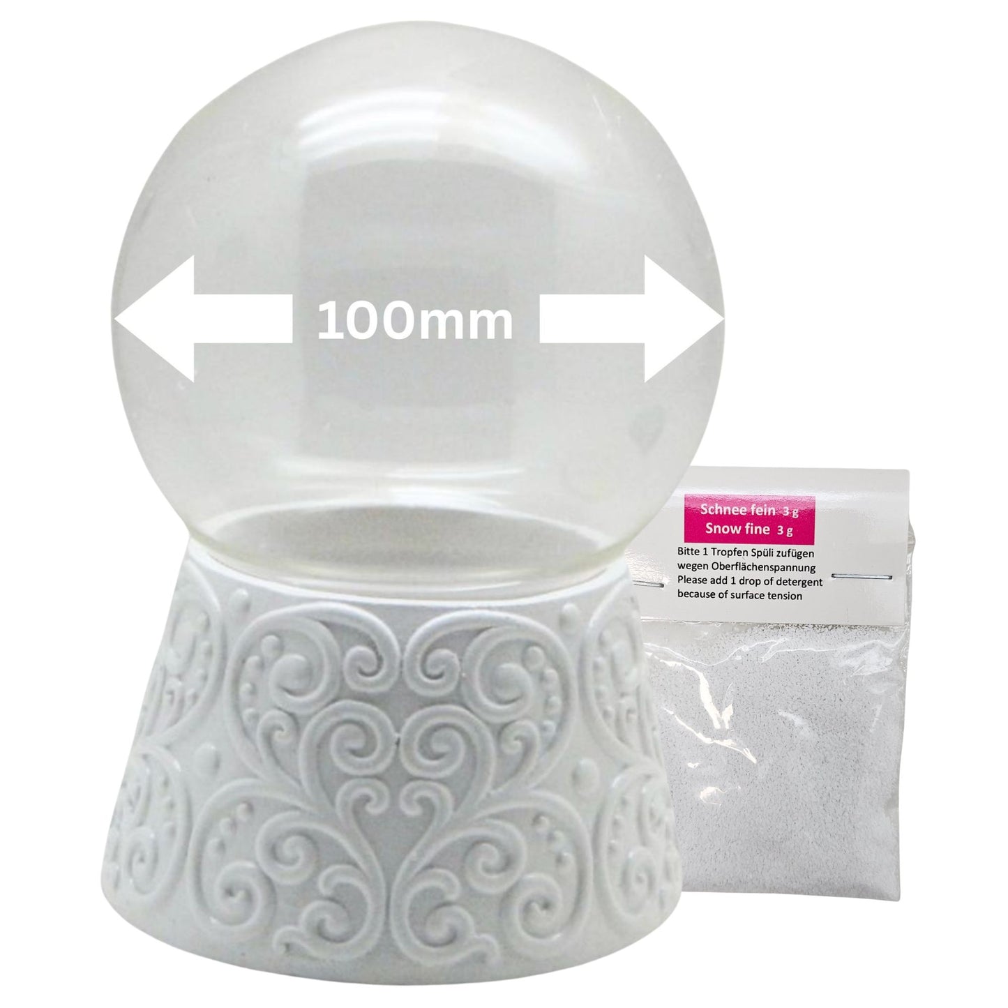 100mm-Do-it-Yourself Schneekugel mit Sockel Ornamente weiß mit Relief für Spieluhr