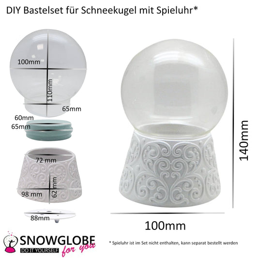 100mm-Do-it-Yourself Schneekugel mit Sockel Ornamente weiß mit Relief für Spieluhr