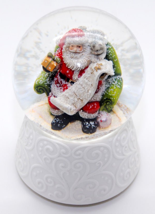 Edle Schneekugel auf weißem Porzellansockel Santa mit Spieluhr - Schneekugelhaus