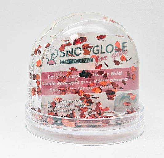 Foto-Schneekugel groß mit transparentem Sockel - rote Herzen - Schneekugelhaus