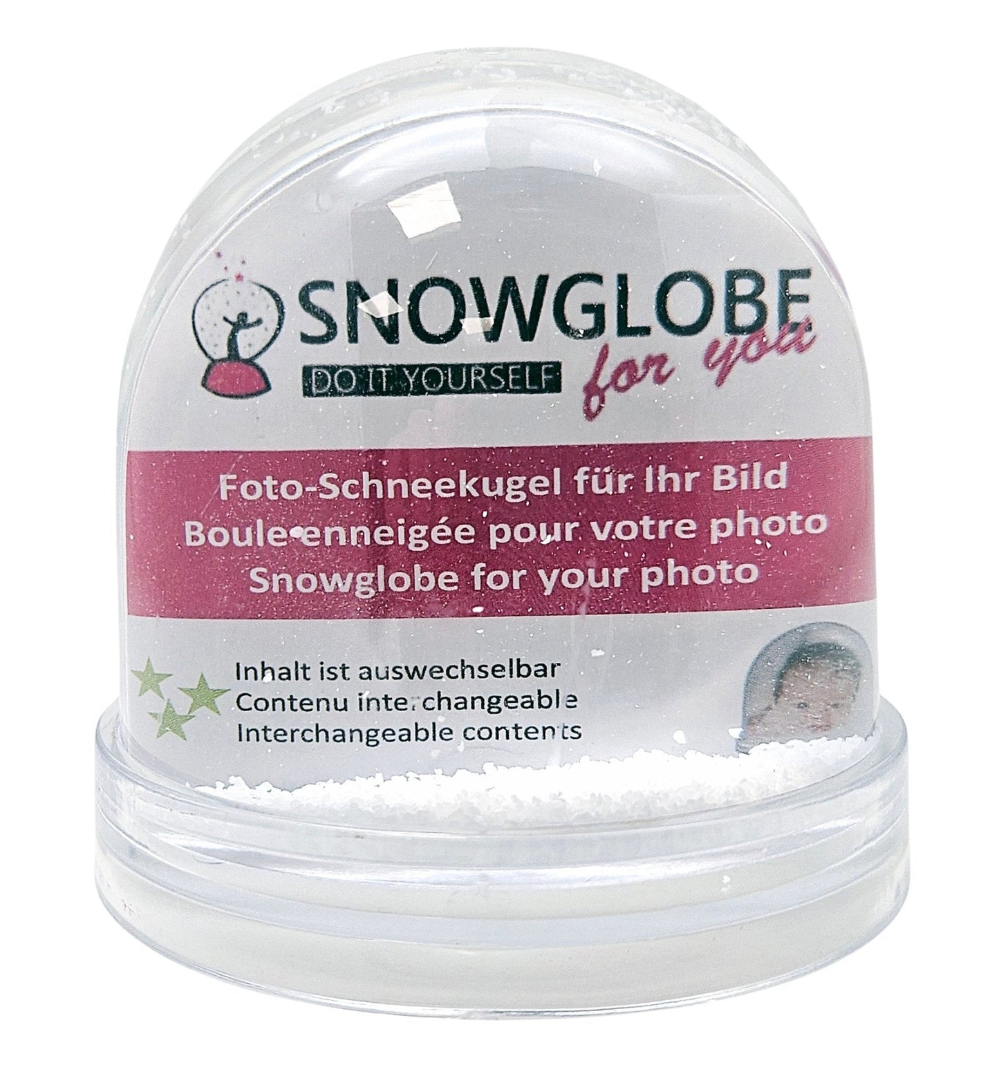 Foto-Schneekugel groß mit transparentem Sockel und Schnee – Einzelverpackung - Schneekugelhaus