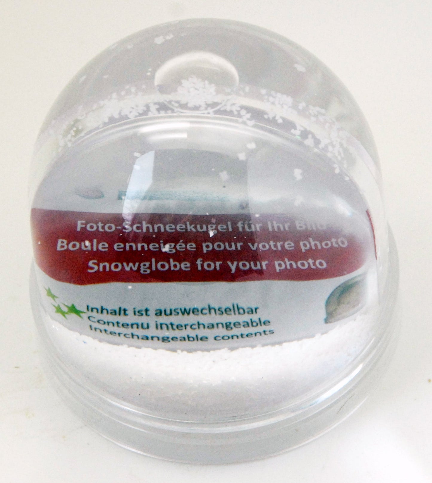 Foto-Schneekugel groß mit transparentem Sockel und Schnee – Einzelverpackung - Schneekugelhaus