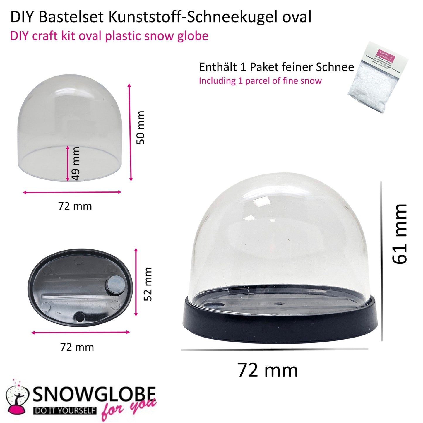 Kunststoff - Schneekugel oval schwarz für FIMO 72 x 61 mm - incl. 1 x Schnee - Schneekugelhaus