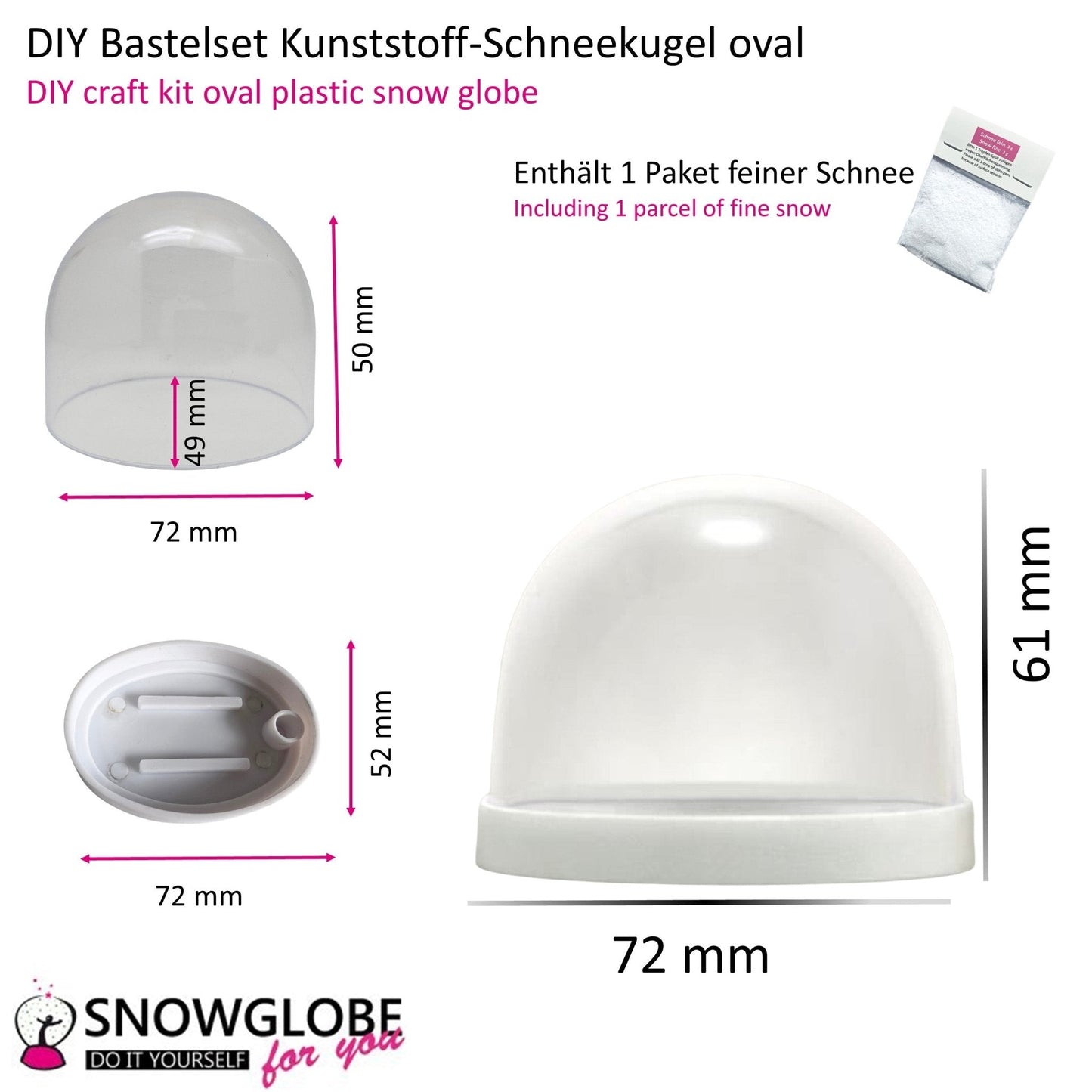 Kunststoff - Schneekugel oval weiß für FIMO 72 x 61 mm - incl. 1 x Schnee - Schneekugelhaus