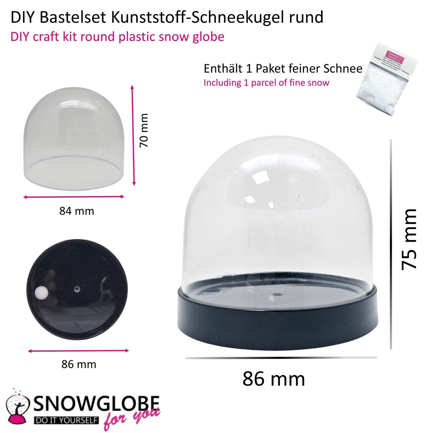 Kunststoff - Schneekugel rund schwarz für FIMO 86 x 75 mm - incl. 1 x Schnee - Schneekugelhaus