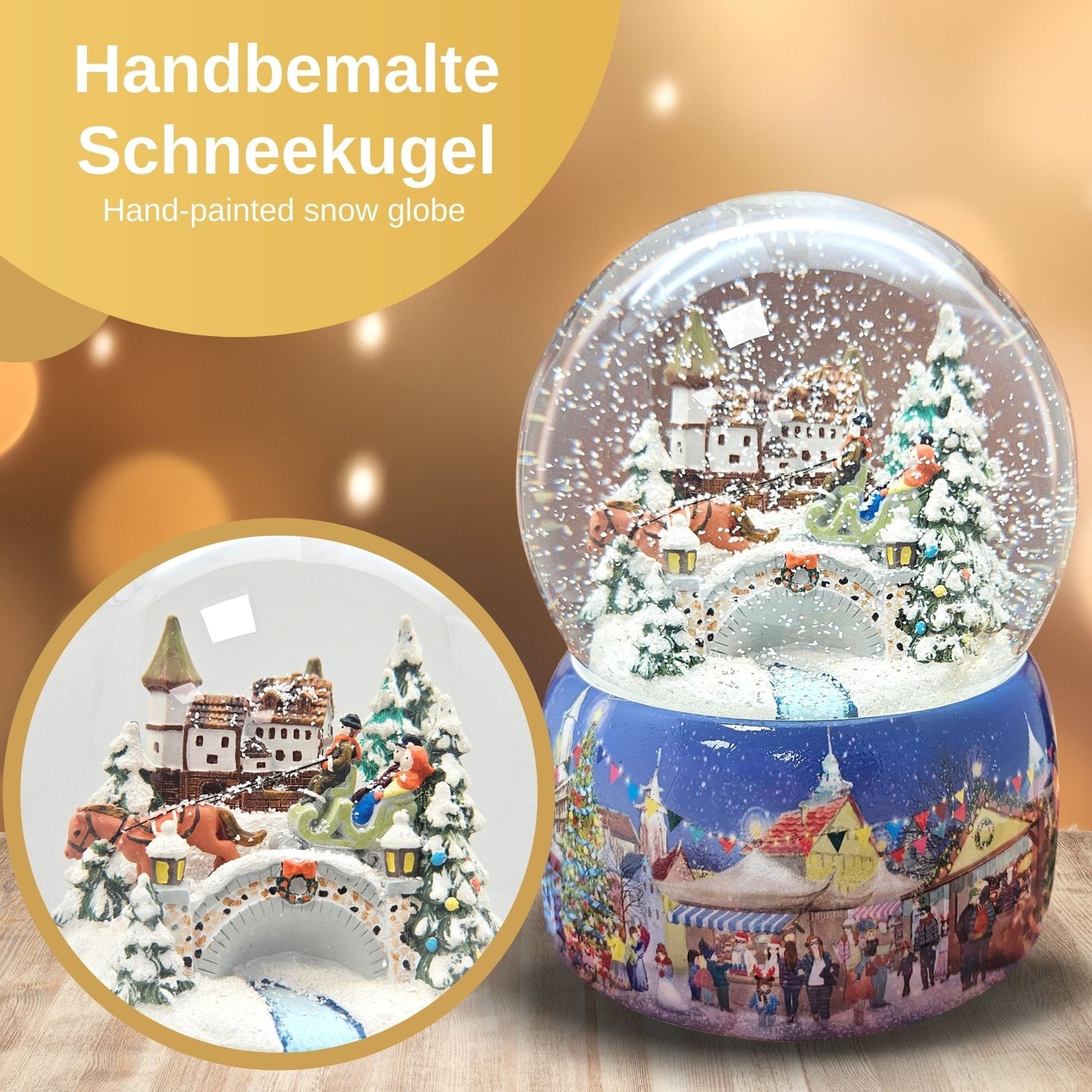 Mega Schneekugel Historische Kutschfahrt zum Weihnachtsmarkt - Musikspieluhr Winter Wonderland - Schneekugelhaus