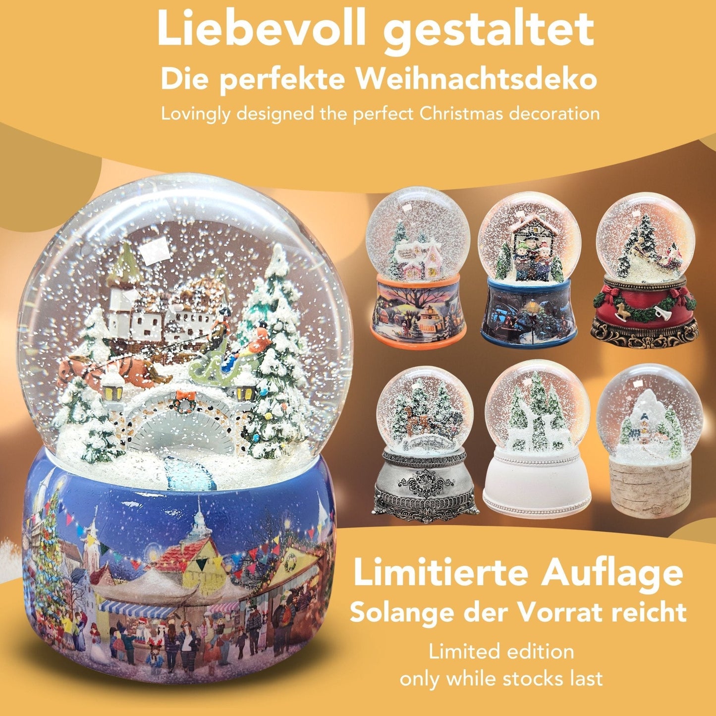 Mega Schneekugel Historische Kutschfahrt zum Weihnachtsmarkt - Musikspieluhr Winter Wonderland - Schneekugelhaus