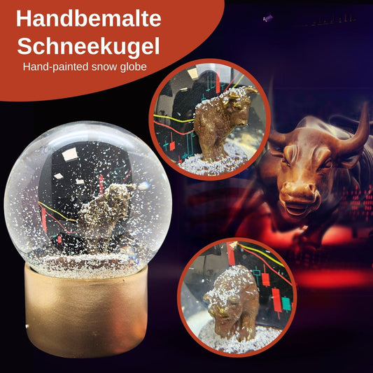 Moderne Designer Schneekugel Börse Bulle & Bär auf Sockel gold rund 100 mm Durchmesser - Schneekugelhaus