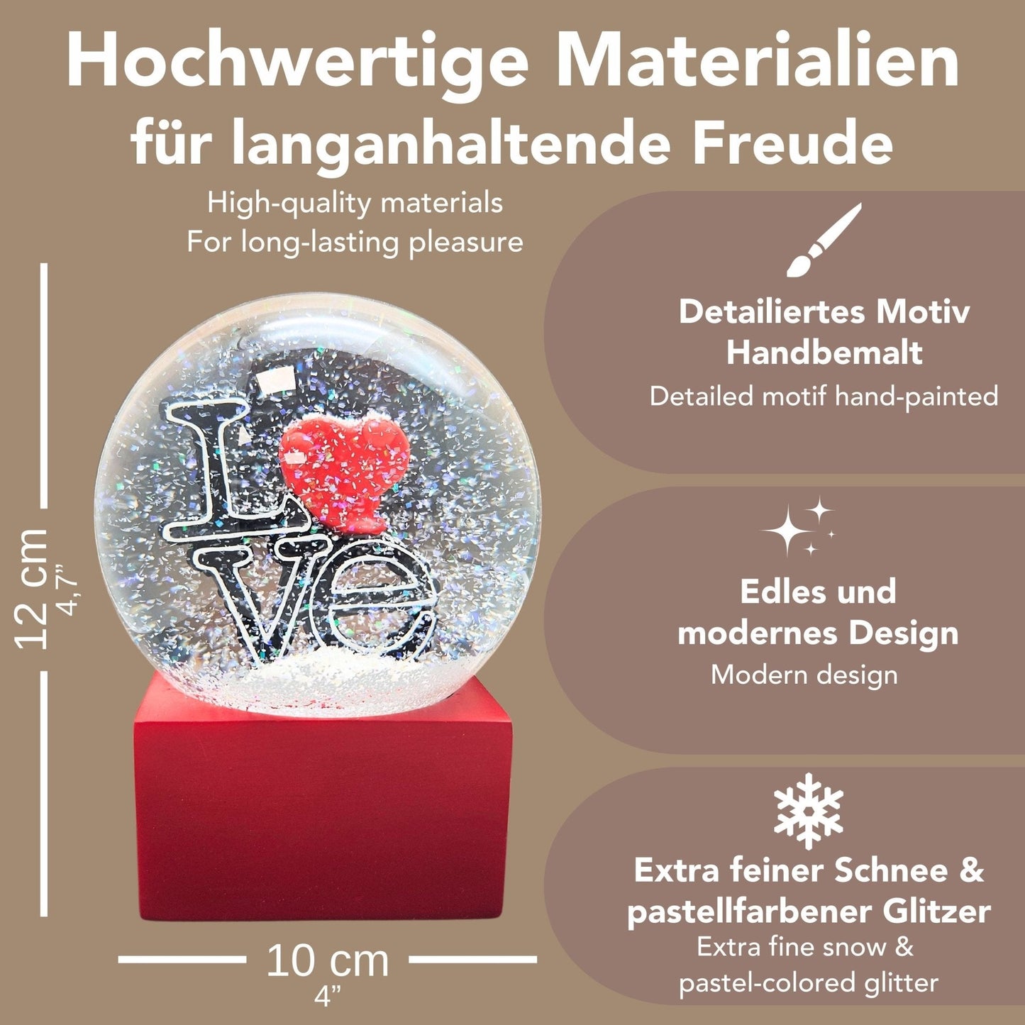 Moderne Designer Schneekugel LOVE auf Sockel rot eck 100 mm Durchmesser - Schneekugelhaus