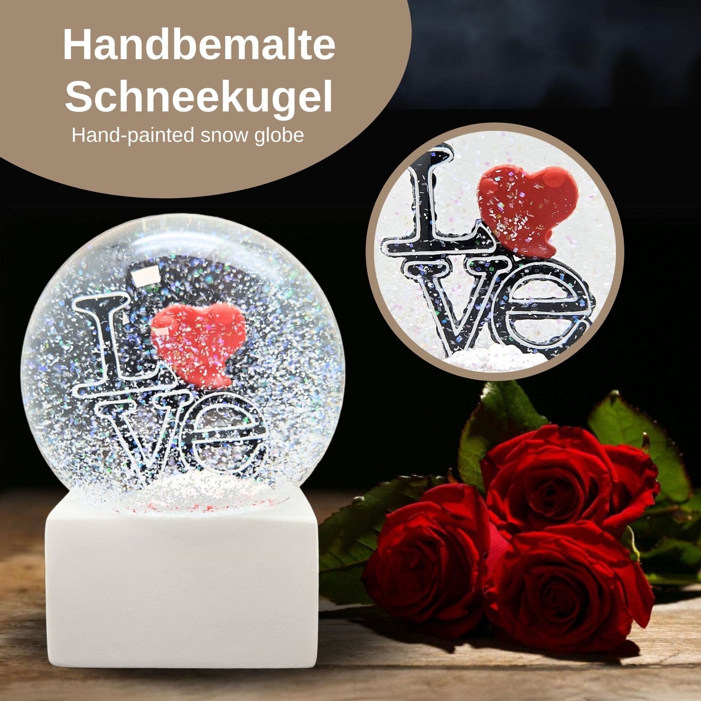 Moderne Designer Schneekugel LOVE auf Sockel weiß eck 100 mm Durchmesser - Schneekugelhaus
