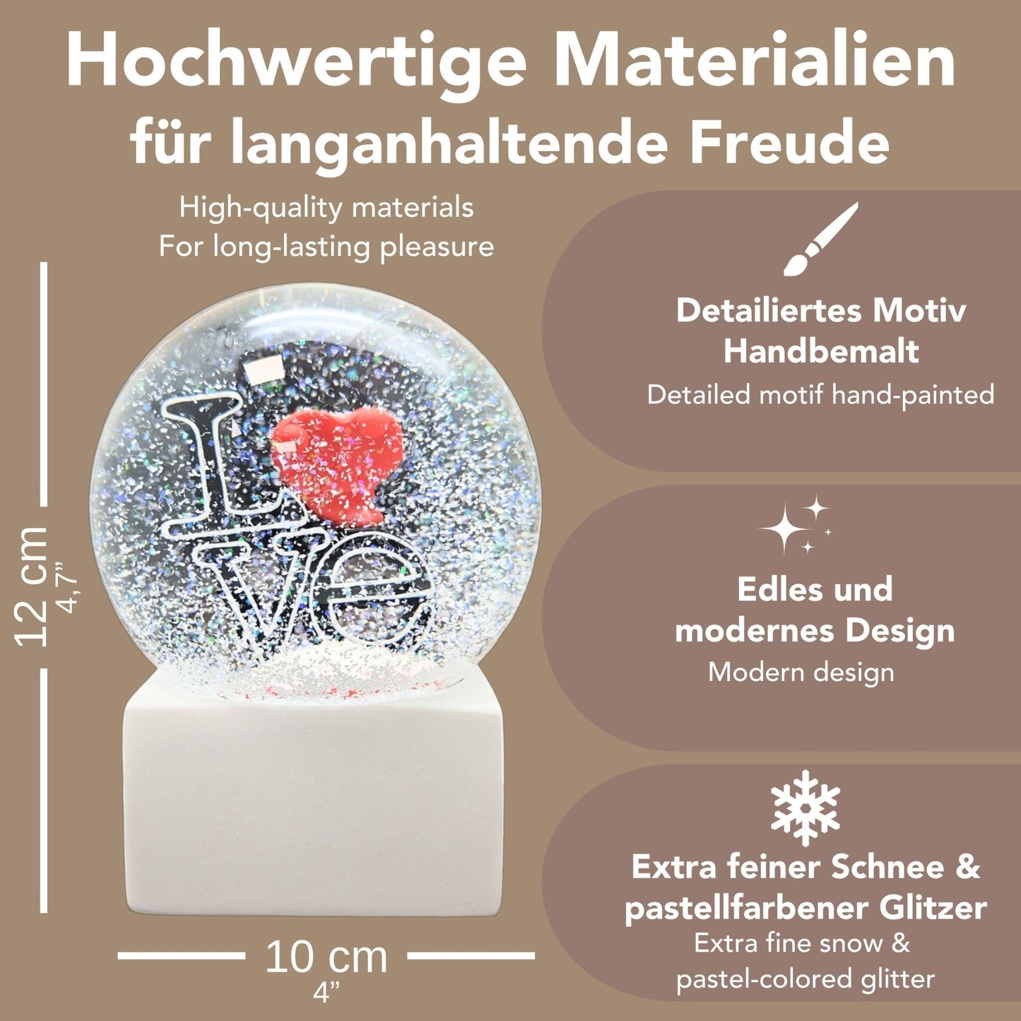 Moderne Designer Schneekugel LOVE auf Sockel weiß eck 100 mm Durchmesser - Schneekugelhaus