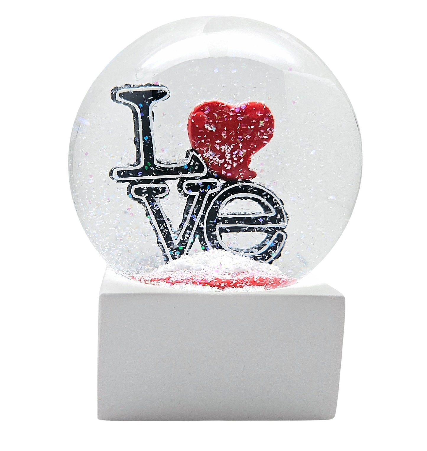 Moderne Designer Schneekugel LOVE auf Sockel weiß eck 100 mm Durchmesser - Schneekugelhaus