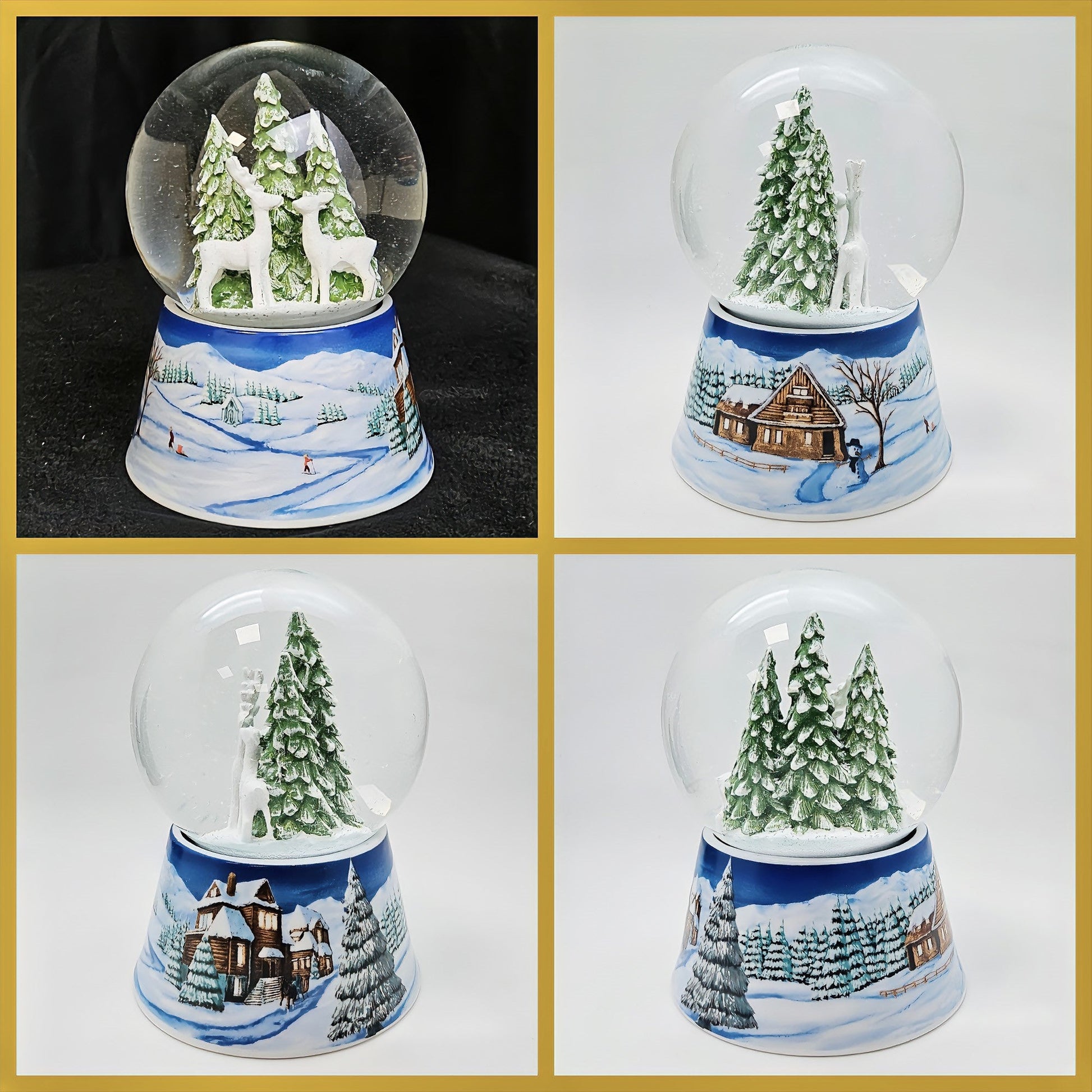 Nostalgische Schneekugel 2 Rehe auf Sockel Winterlandschaft mittelblau 100 mm Durchmesser mit Spieluhr - Schneekugelhaus