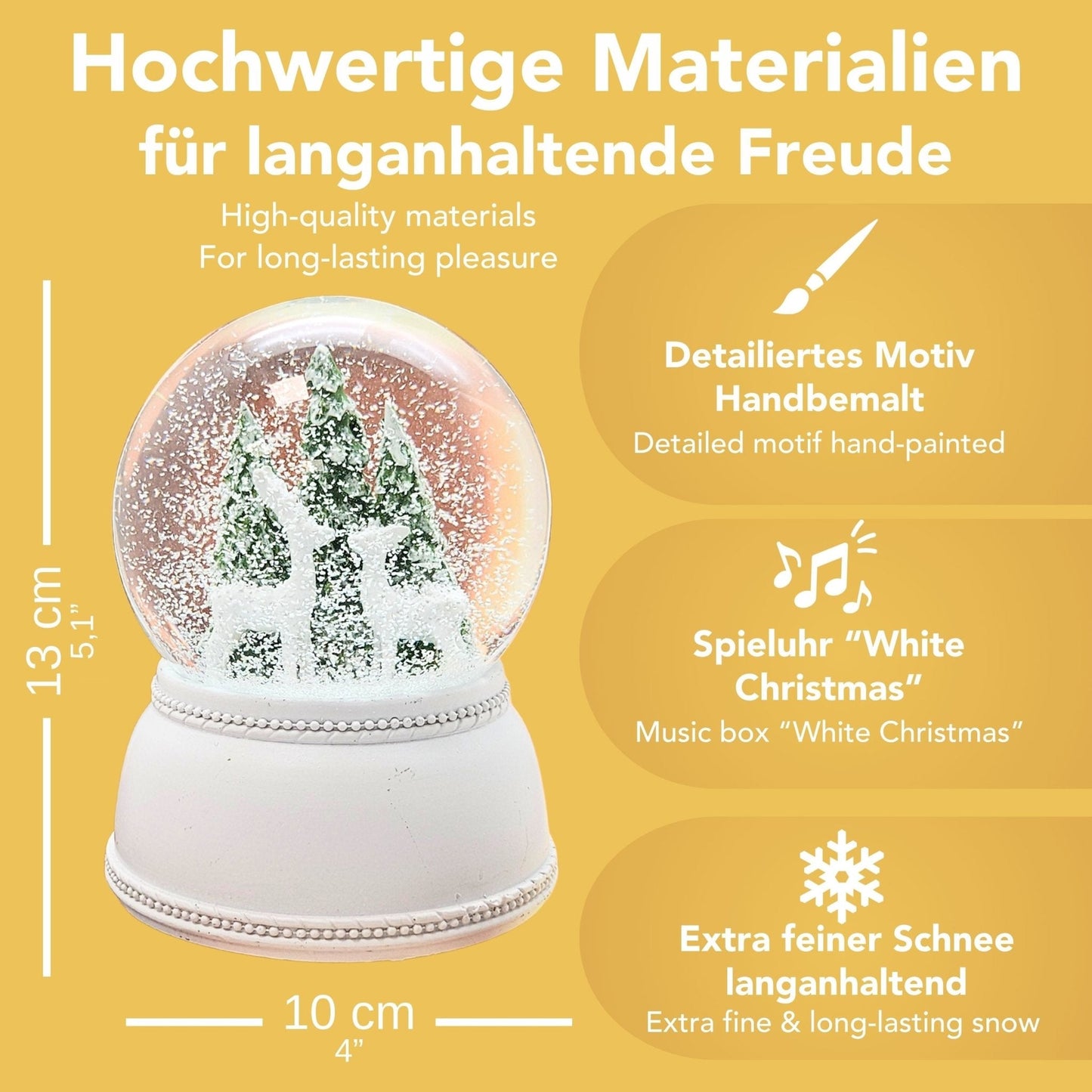 Nostalgische Schneekugel 2 Rehe vor Tannenbäumen auf Sockel weiß Nostalgie 100 mm Durchmesser mit Spieluhr - Schneekugelhaus