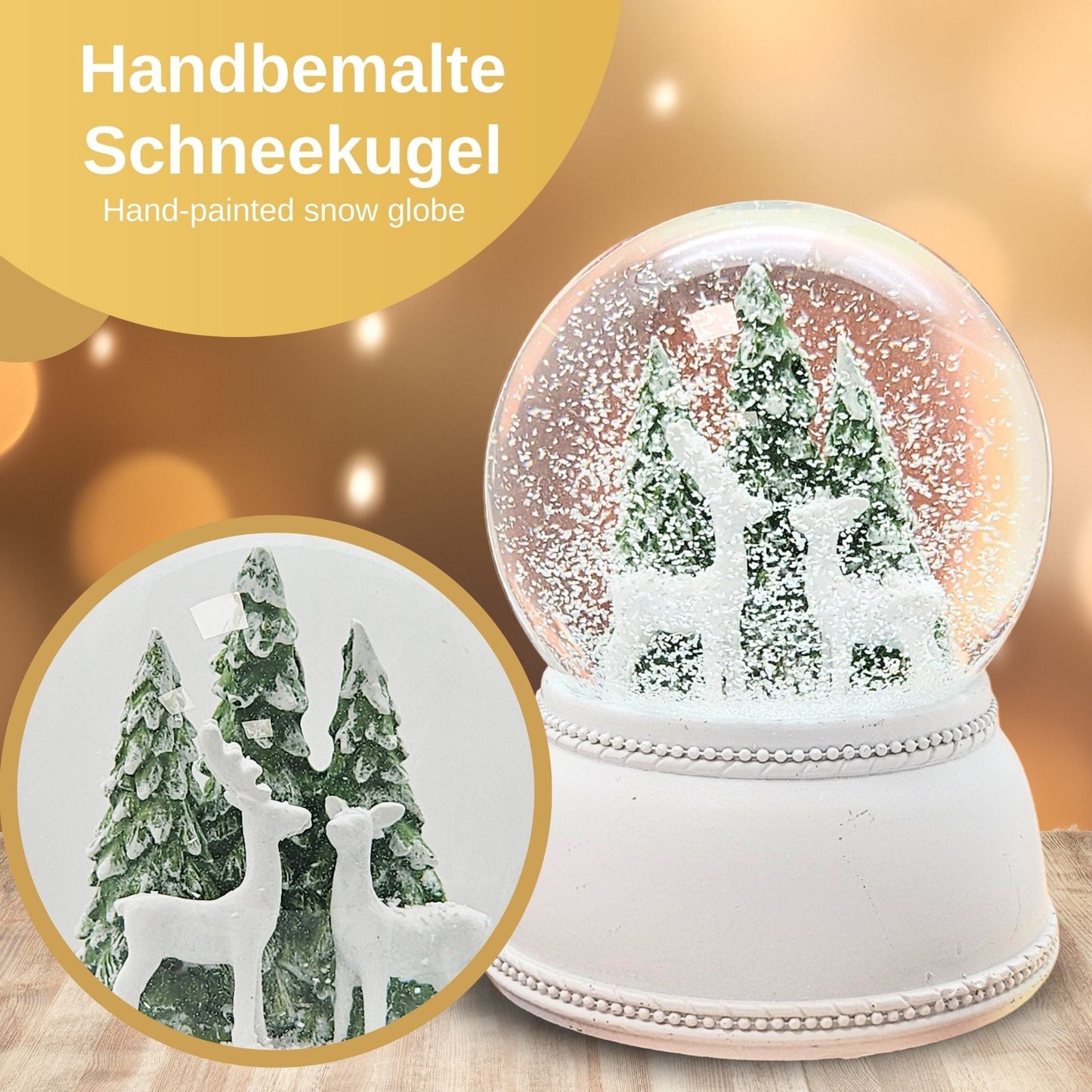 Nostalgische Schneekugel 2 Rehe vor Tannenbäumen auf Sockel weiß Nostalgie 100 mm Durchmesser mit Spieluhr - Schneekugelhaus