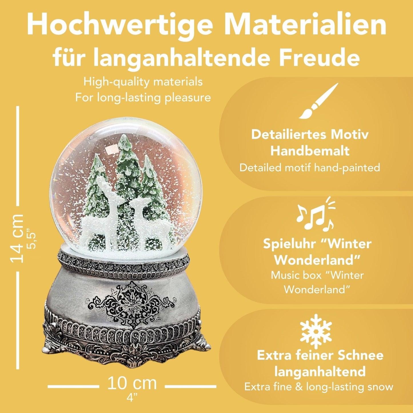 Nostalgische Schneekugel 2 Rehe vor Tannenbäumen auf Zinnsockel 100 mm Durchmesser mit Spieluhr - Schneekugelhaus