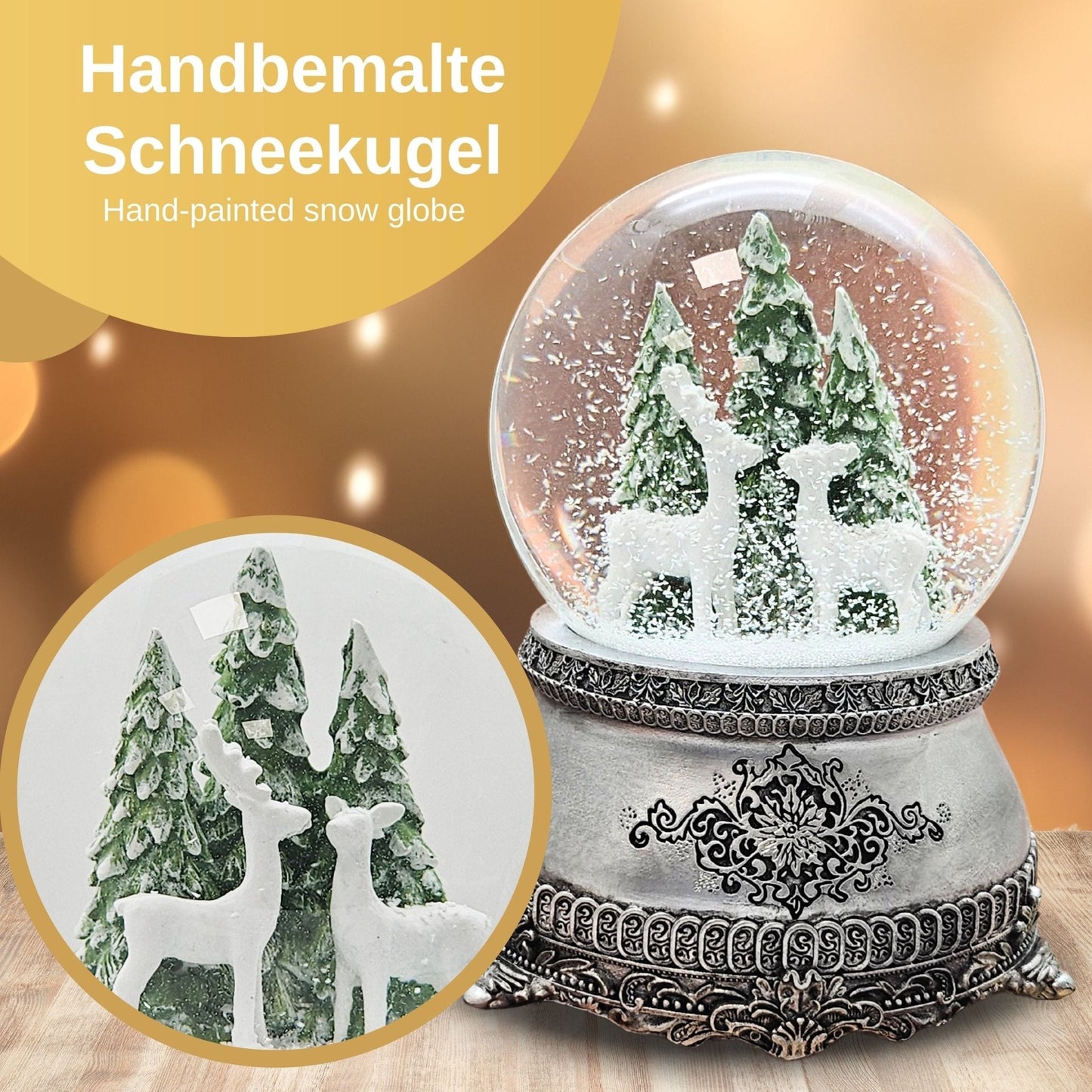Nostalgische Schneekugel 2 Rehe vor Tannenbäumen auf Zinnsockel 100 mm Durchmesser mit Spieluhr - Schneekugelhaus