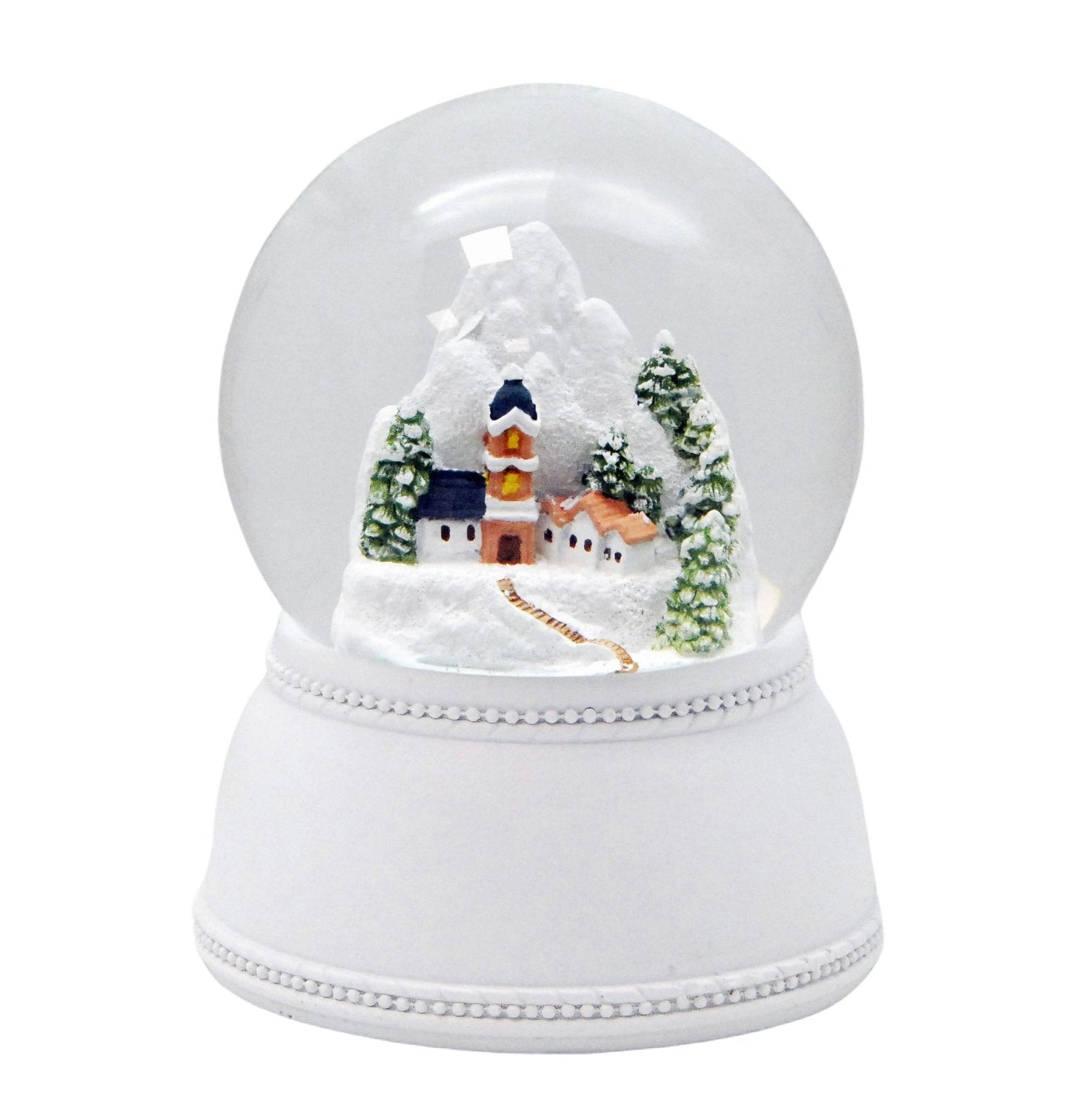 Nostalgische Schneekugel Alpendorf auf Sockel weiß Nostalgie 100 mm Durchmesser mit Spieluhr - Schneekugelhaus