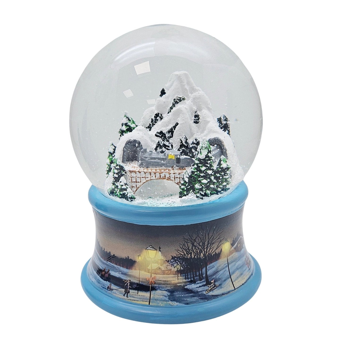 Nostalgische Schneekugel Berg mit Brücke Winterlandschaft blauer Rand 100 mm Durchmesser mit Spieluhr - Schneekugelhaus
