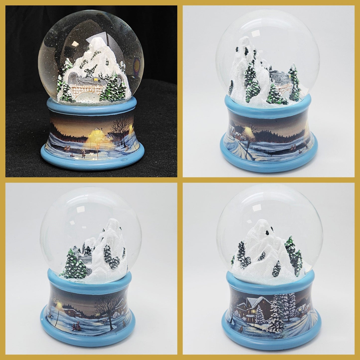 Nostalgische Schneekugel Berg mit Brücke Winterlandschaft blauer Rand 100 mm Durchmesser mit Spieluhr - Schneekugelhaus