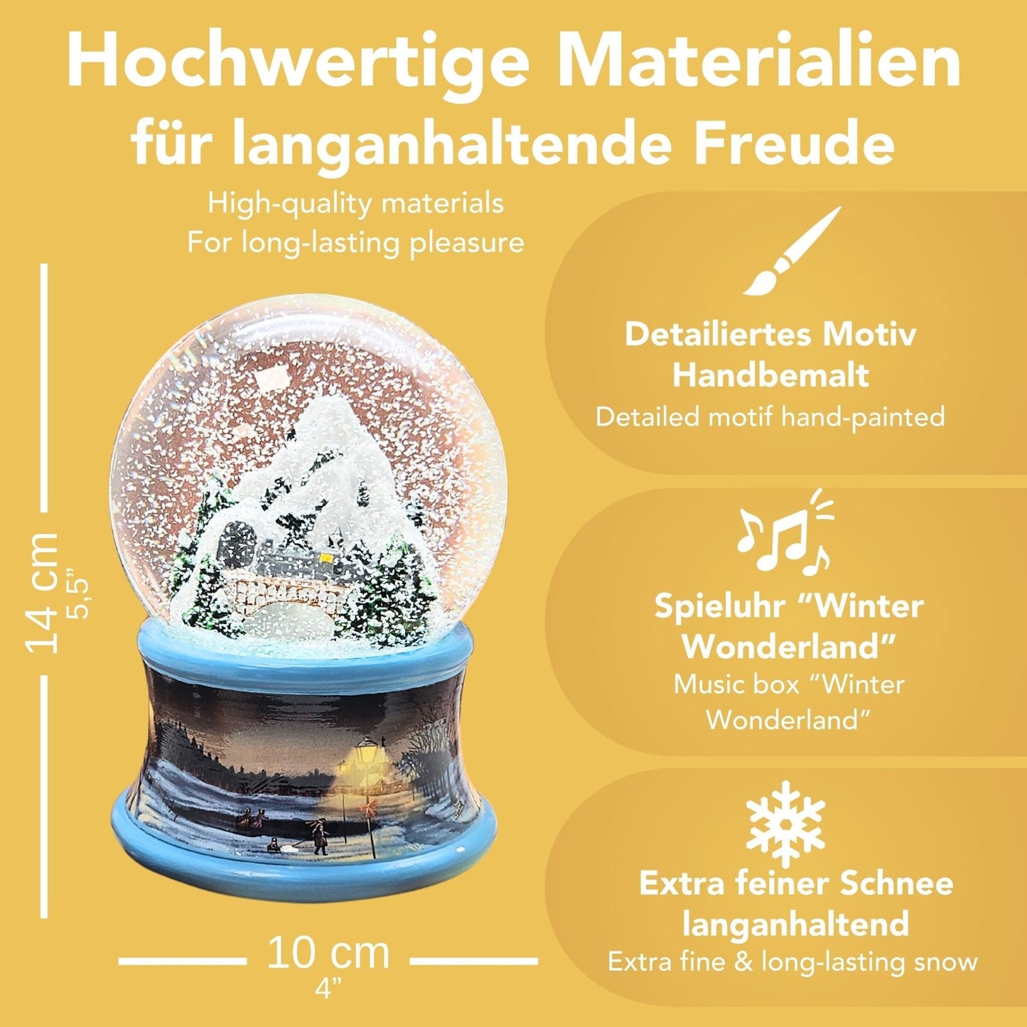 Nostalgische Schneekugel Berg mit Brücke Winterlandschaft blauer Rand 100 mm Durchmesser mit Spieluhr - Schneekugelhaus