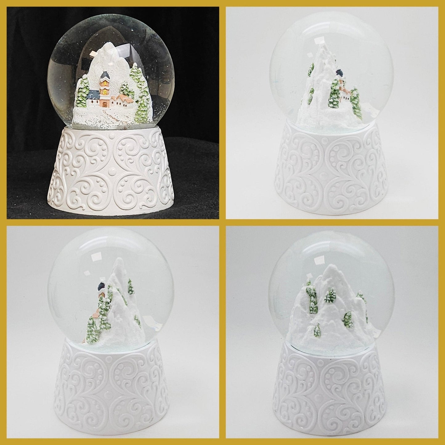Nostalgische Schneekugel Bergdorf auf Sockel weiß Ornamente 100 mm Durchmesser mit Spieluhr - Schneekugelhaus